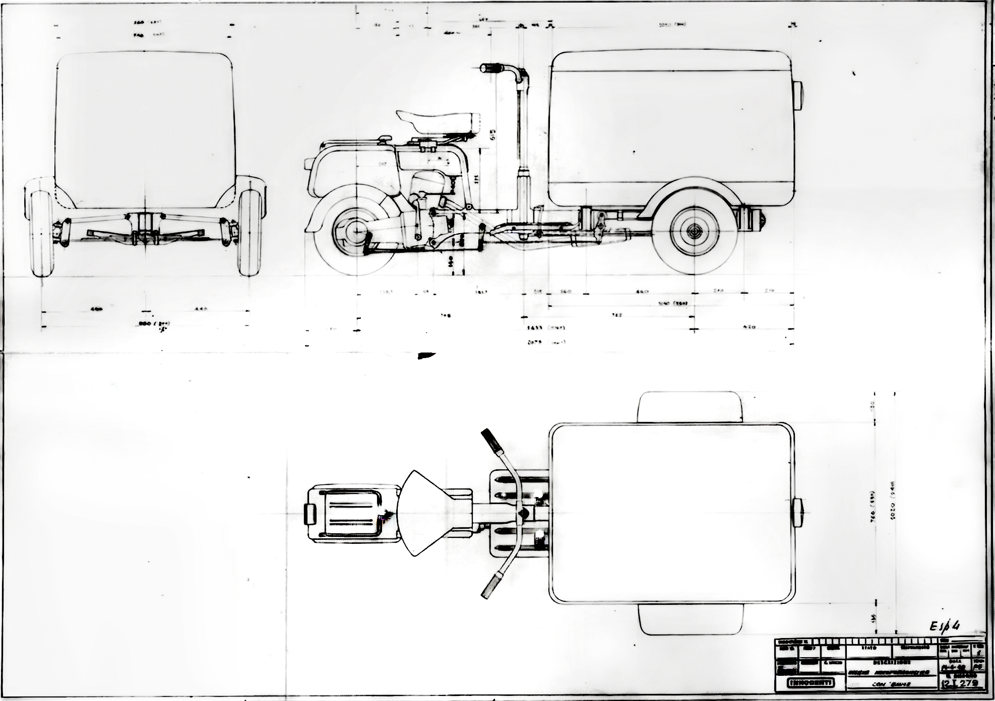 Innocenti Experiment 4 general arrangement drawing showing side, front, and plan views.