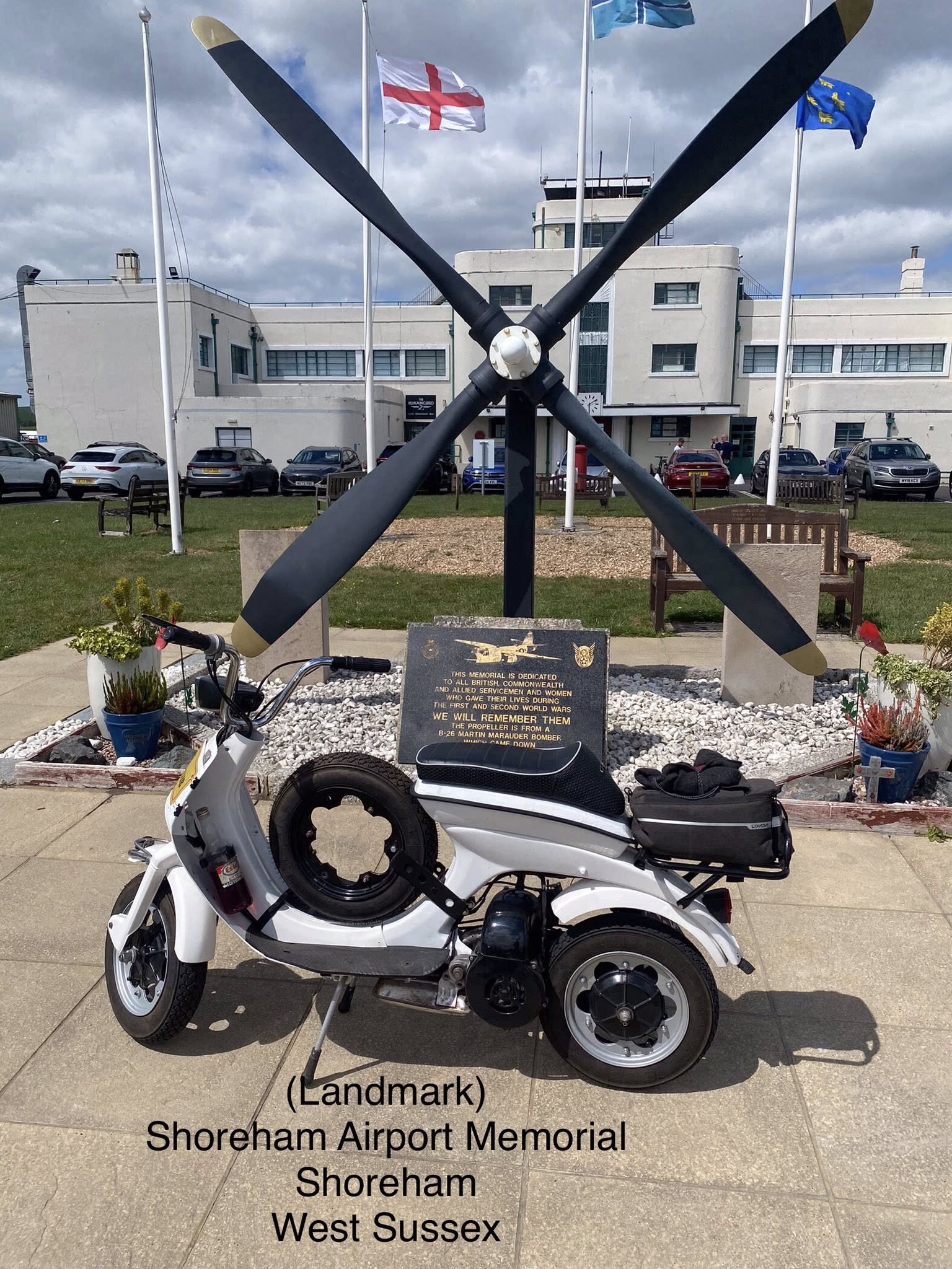 Alan Hatherillo-Senior at the Shoreham Airport Memorial, Shoreham-by-Sea, West Sussex, during the 2025 100 Landmark Challenge